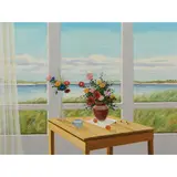 Hing Biu, Seaside Interior with Floral Still Life, Singed 'Hing Biu' lower right. Oil on canvas, 35 3/4 x 48 in. (90.9 x 122.1 cm)
