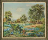American School, 20th Century, Texas Homestead with Bluebonnets in Bloom, oil on canvas