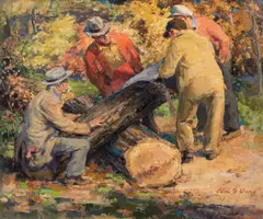 Log Cutters by Edmund Franklin Ward, oil on artist board, offered May 2023