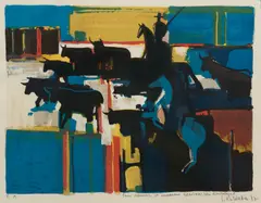 Georges Briata, Taureaux en Camargue, color lithograph on paper