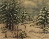 Carmine A. Carbone, Snowy Country Scene with Figure on a Path and Horse in a Paddock, oil on canvas