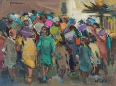 Khaled Al-jadir, Figures on a Crowded Street, oil on canvas mounted to Masonite