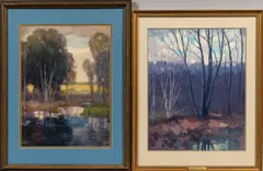 Harry Spiers, Two Framed Works on Paper: Trees by a Brook and Stream in the Woods, Trees watercolor on paper, Stream gouache on paper