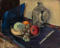 Still Life with bottle, fruit, and knife by Helen G. Rolfe, oil on board, sold May 2023