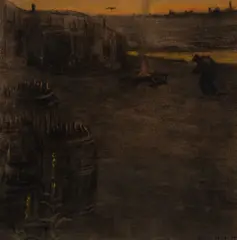 Grace Hackett, Vagabond and Campfire on an Urban Waterfront, charcoal with pastel on paper