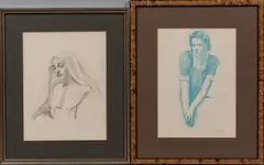 Ernest Lee Major, Two Framed Drawings: Catholic Nun and Girl Looking Left, Nun charcoal on paper, Girl blue chalk on paper