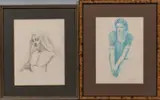 Ernest Lee Major, Two Framed Drawings: Catholic Nun and Girl Looking Left, Nun charcoal on paper, Girl blue chalk on paper