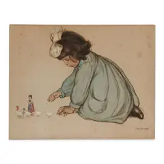 Anna Milo Upjohn, Girl Playing with Doll and Toy Birds Signed 'A.M.UPJOHN' lower right. Mixed media including watercolor, charcoal, and pastel on board, 21 1/2 x 27 1/2 in. (54.7 x 69.9 cm), unframed.