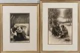 Thelma Gooch, Two works: Fireside and Petting a Dog in the Snow, both signed 'Thelma Gooch' (bottom right) with gallery labels affixed to frame backing., charcoal and gouache on paper