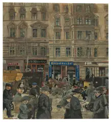 Karl Holtz, Strassenszene in Berlin, 1920, Tempera auf Papier auf Pappe