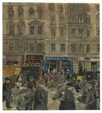 Karl Holtz, Strassenszene in Berlin, 1920, Tempera auf Papier auf Pappe