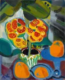 Ida Kerkovius, Stillleben mit Pantoffelblume und Orangen, Öl auf Leinwand