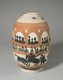 Arena by Pablo Picasso, 1958, Weiße Keramik mit Engobenmalerei in Rot und Schwarz, unglasiert. Innen glasiert. Höhe: 30,8 cm (12 ⅛ in.); ceramic, Mado, sold Nov 2015