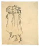 August Macke, Zwei Freundinnen, Um 1912, Bleistift auf dünnem halbtransparenten Papier, auf Papier montiert