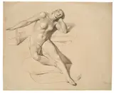 Bonaventura Genelli, Akt, nach oben blickend, 1833, Bleistift, gewischt, auf hellbraunem Papier