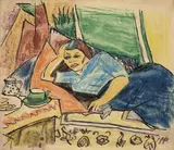 Max Pechstein, Liegende auf Diwan, Um 1910, Tuschpinsel und farbige Ölkreide auf Papier, auf Karton aufgezogen