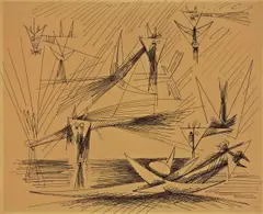 Wifredo Lam, Haiti, 1946, Tuschfeder auf leichtem gelblichen Karton