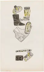 Andy Warhol, Hat, Boots, Mitten, Vest, Belt and Two Purses, 1955, ink, tempera and vellum on paper