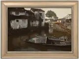 Chen Yifei, Docked Boats (Suzhou), 1984, oil on canvas