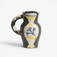 Pablo Picasso, Pichet au vase (Alain Ramié 226), 1954, white earthenware ceramic pitcher, painted in colors and partially glazed; ceramic, Madoura edition