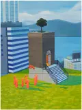 Mak2, Home Sweet Home: Gathering at Immortal Ruin 1, 2023, oil and acrylic on canvas, triptych