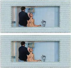 Huang Lan, Blue Bathroom, 2019, tempera on paper mounted on aluminium, in artist's frame, diptych