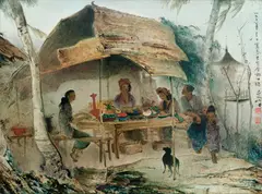 Lee Man Fong, Snack Stall in Bali, 1958, oil on Masonite