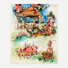 June Leaf, L.B.J. as a Cornerstone for a New Theatre, 1967, gouache and watercolor on paper