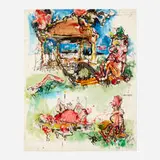 June Leaf, L.B.J. as a Cornerstone for a New Theatre, 1967, gouache and watercolor on paper