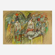 June Leaf, Carnival, 1956, oil and pastel on paper laid to Masonite