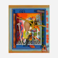 Colin Lanceley, Vermeer Cooks an Egg, 1994, oil on canvas and wood constution in artist's frame