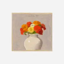 Robert Kulicke, Zinnias in a White Vase, 1987, gouache on silk
