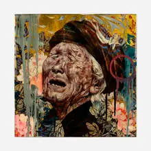 Aspara II by Hung Liu, 2012, mixed media and resin on wood, sold Jun 2021