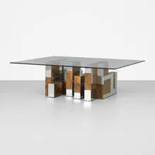 Paul Evans, Cityscape coffee table, c. 1975, walnut burl, chrome-plated steel, glass