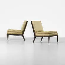 lounge chairs, pair by T. H. Robsjohn-Gibbings, c. 1955, lacquered mahogany, upholstery, sold Sep 2012