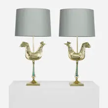 table lamps, pair by Pepe Mendoza, c. 1960, brass, ceramic, amethyst, turquoise, gemstones, silk, sold Sep 2012