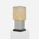 table lamp by Marie Claude De Fouquieres, c. 1975, acrylic, matte chrome-plated brass, lacquered wood, sold Sep 2012