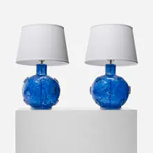 Efeso table lamps, pair by Ercole Barovier, 1964, internally decorated glass, linen, sold Sep 2012