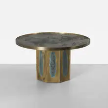 Chan coffee table by Philip and Kelvin Laverne, c. 1965, acid-etched, enameled and patinated brass over pewter and wood, sold Sep 2012