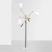 Arredoluce, Three arm floor lamp, c. 1950, brass, enameled steel, enameled aluminum, marble, leather