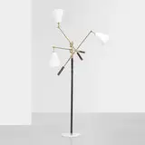 Arredoluce, Three arm floor lamp, c. 1950, brass, enameled steel, enameled aluminum, marble, leather