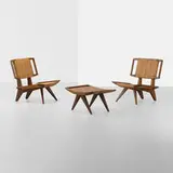 Paul Laszlo, pair of lounge chairs and ottoman, 1950, walnut, cane