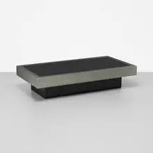 Willy Rizzo, coffee table, c. 1970, matte chrome-plated steel, black glass, laminate over wood