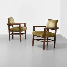 Frank Lloyd Wright, armchairs, pair, 1955, mahogany, upholstery