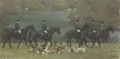 Jane Cursham, Untitled, Jane Cursham (1935-2015) HUNTERS WITH THEIR HOUNDS Oil on board