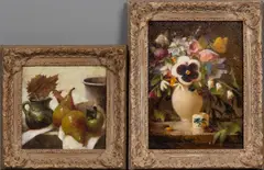 David C. Stewart, Two Works: Seckel Pears with Japanese Persimmon and Spring Amour, oil on linen