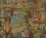 Abstracted architectual scene by American School, oil on masonite, sold May 2023