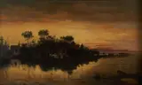 French School, 19th century, Cottage and Steeple at Twilight