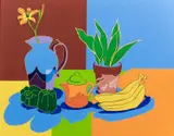 American School, Vibrant Still Life with Bananas, Peppers, Pitcher, and Potted Plant, acrylic on canvas