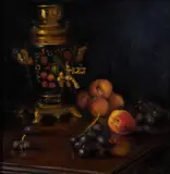 American School, Still Life with Samovar and Fruit, oil on canvas